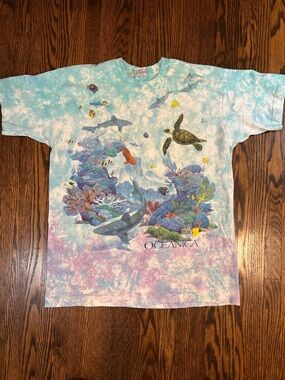 Vintage 90s Liquid Blue Tie Dye Fish T-Shirt Single Stitch